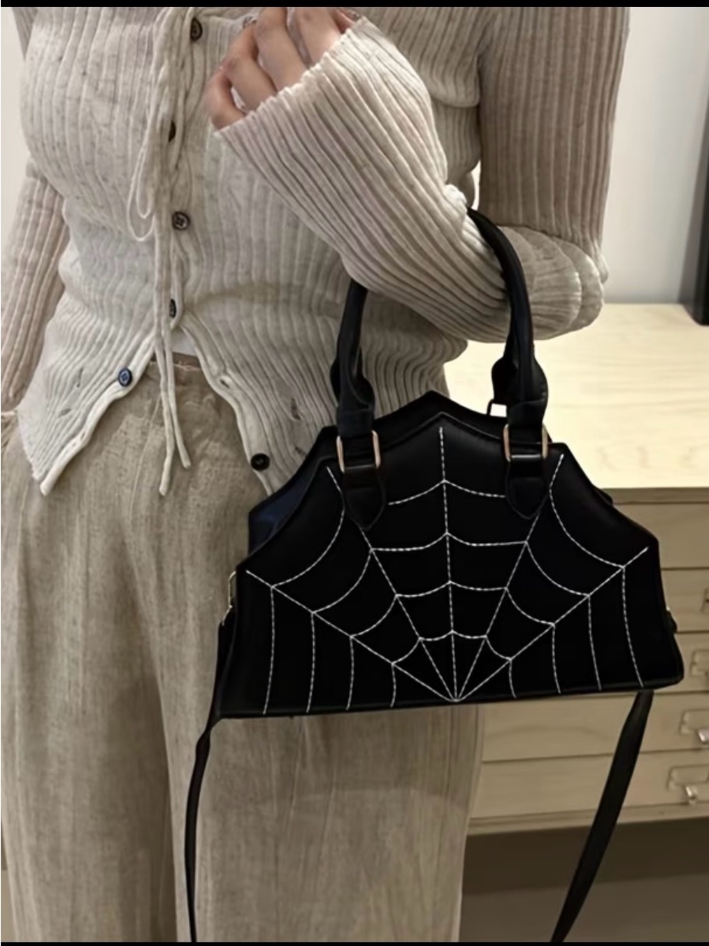 Black Spiderweb Embroidered Satchel Bag